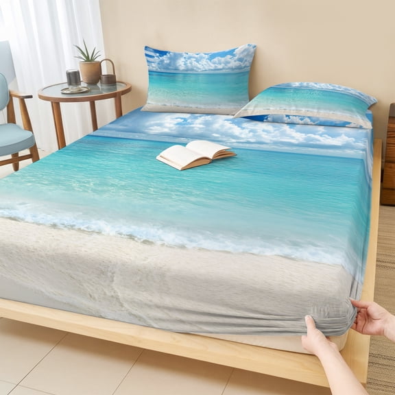 Queen Size Fitted Sheet Set - Ocean Blue 3 Piece Bedding Sets 16" Deep Pocket Fitted Sheet with 2 Pillowcases, Beach Nature Coast Sea Shore Sky Seawater Brushed Microfiber Hotel Luxury Bed Sheets