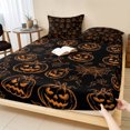 thumbnail image 1 of Queen Size Fitted Sheet Set - Orange Pumpkins Halloween 3 Piece Bedding Sets 16" Deep Pocket Fitted Sheet with 2 Pillowcases, Autumn Botanical Black Brushed Microfiber Hotel Luxury Bed Sheets, 1 of 9