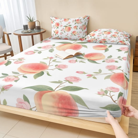 Queen Size Fitted Sheet Set - Peach 3 Piece Bedding Sets 16" Deep Pocket Fitted Sheet with 2 Pillowcases, Spring Floral Green Leaf Botanical Pink Fruit Brushed Microfiber Hotel Luxury Bed Sheets