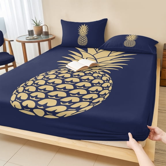 Queen Size Fitted Sheet Set - Pineapple 3 Piece Bedding Sets 16" Deep Pocket Fitted Sheet with 2 Pillowcases, Gold Yellow Navy Blue Tropical Fruit Summer Brushed Microfiber Hotel Luxury Bed Sheets