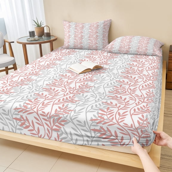 Queen Size Fitted Sheet Set - Pink Gray Botanical 3 Piece Bedding Sets 16" Deep Pocket Fitted Sheet with 2 Pillowcases, Pastoral Spring Summer Leaf Aesthetics Brushed Microfiber Hotel Bed Sheets