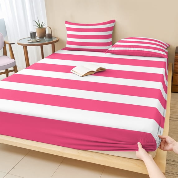 Queen Size Fitted Sheet Set - Pink Striped 3 Piece Bedding Sets 16" Deep Pocket Fitted Sheet with 2 Pillowcases, Modern Simple Monochrome Geometric White Brushed Microfiber Hotel Luxury Bed Sheets