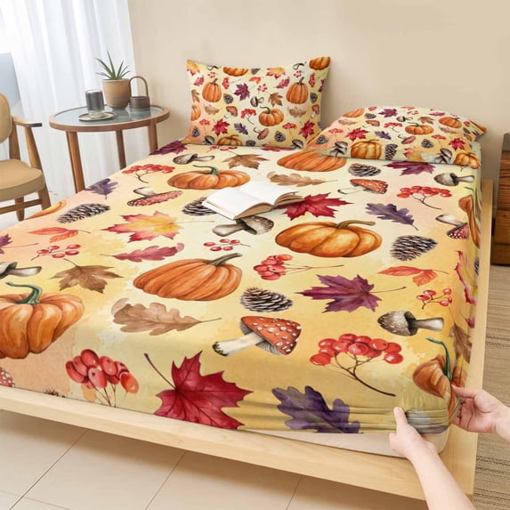 Queen Size Fitted Sheet Set - Pumpkins Fall 3 Piece Bedding Sets 16" Deep Pocket Fitted Sheet with 2 Pillowcases, Thanksgiving Maple Leaves Mushroom Rustic Brushed Microfiber Hotel Luxury Bed Sheets