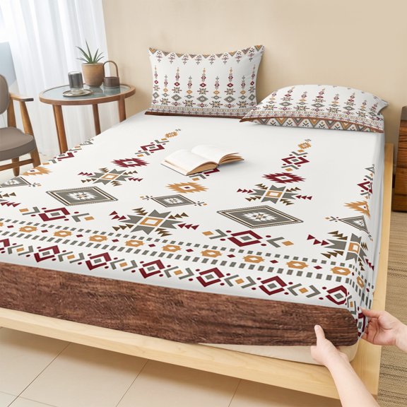 Queen Size Fitted Sheet Set - Retro Southwest, 3 Piece Bedding Sets 16" Deep Pocket Fitted Sheet with 2 Pillowcases, Geometric Abstract Bohemia Native Tribal Brushed Microfiber Hotel Bed Sheets
