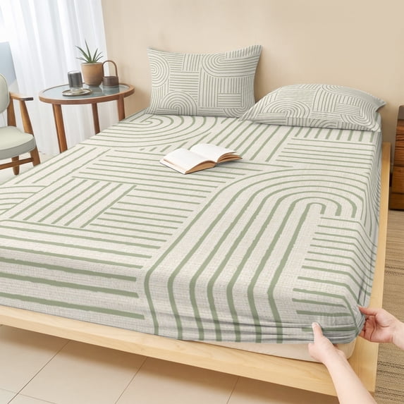 Queen Size Fitted Sheet Set - Sage Green Boho 3 Piece Bedding Sets 16" Deep Pocket Fitted Sheet with 2 Pillowcases, Abstract Geometric Curves Lines Modern Brushed Microfiber Hotel Luxury Bed Sheets