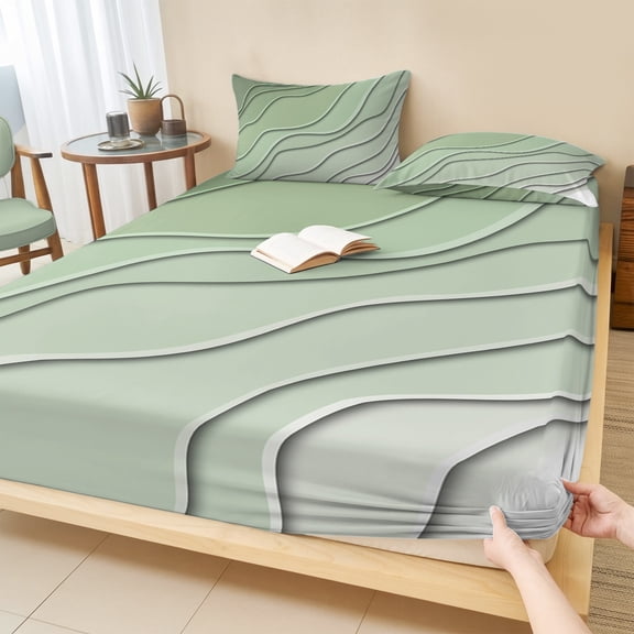 Queen Size Fitted Sheet Set - Sage Green Ombre 3 Piece Bedding Sets 16" Deep Pocket Fitted Sheet with 2 Pillowcases, Modern Geometric Abstract Art Aesthetics Brushed Microfiber Hotel Bed Sheets