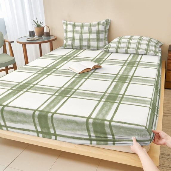 Queen Size Fitted Sheet Set - Sage Green Plaid 3 Piece Bedding Sets 16" Deep Pocket Fitted Sheet with 2 Pillowcases, Gingham Check Minimalist Grid Farmhouse Brushed Microfiber Hotel Luxury Bed Sheets