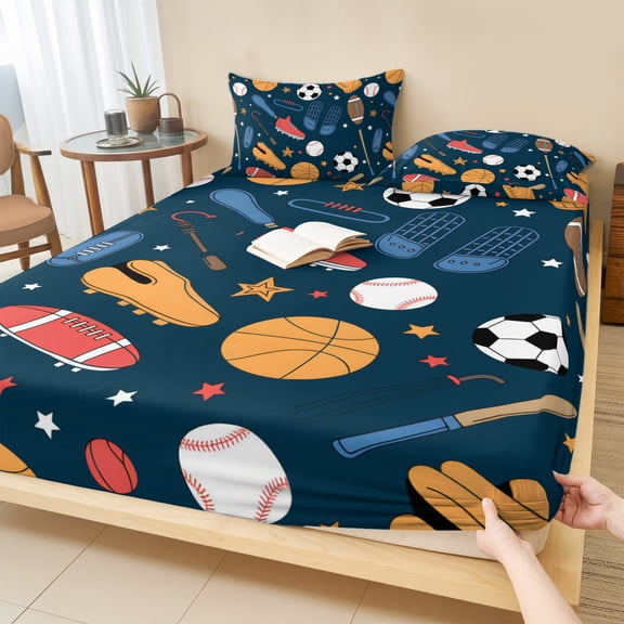 Queen Size Fitted Sheet Set - Sports Theme 3 Piece Bedding Sets 16" Deep Pocket Fitted Sheet with 2 Pillowcases, Cartoon Soccer Baseball Basketball Star Blue Brushed Microfiber Hotel Bed Sheets