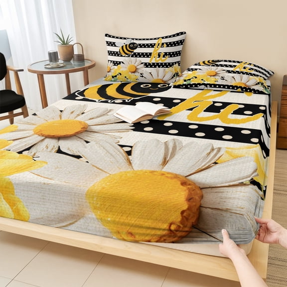 Queen Size Fitted Sheet Set - Spring Bees Daisy 3 Piece Bedding Sets 16" Deep Pocket Fitted Sheet with 2 Pillowcases, Rustic Tulips Dots Black Striped Burlap Brushed Microfiber Hotel Bed Sheets