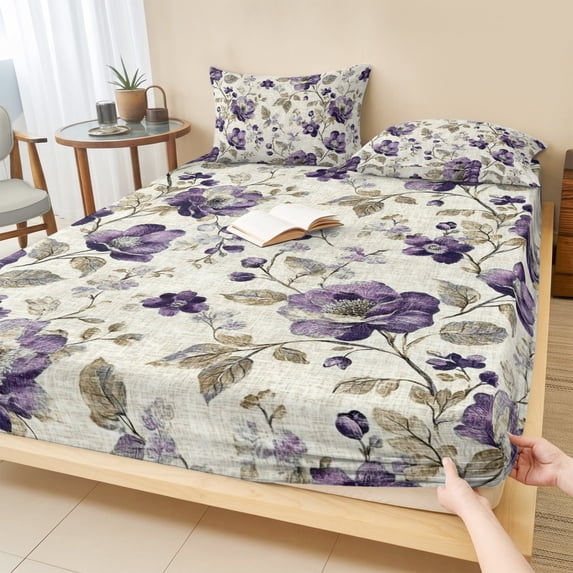 Queen Size Fitted Sheet Set - Spring Botanical 3 Piece Bedding Sets 16" Deep Pocket Fitted Sheet with 2 Pillowcases, Watercolor Purple Floral Leaf Vintage Beige Brushed Microfiber Hotel Bed Sheets