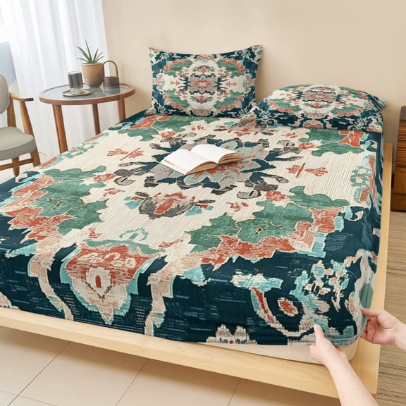 Queen Size Fitted Sheet Set - Teal Green Boho Floral 3 Piece Bedding Sets 16" Deep Pocket Fitted Sheet with 2 Pillowcases, Southwestern Ethnic Flowers Retro Brushed Microfiber Hotel Luxury Bed Sheets