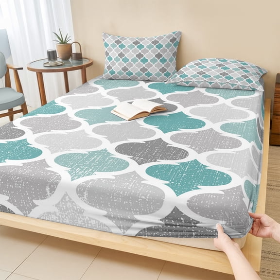 Queen Size Fitted Sheet Set - Teal Grey Morocco Pattern 3 Piece Bedding Sets 16" Deep Pocket Fitted Sheet with 2 Pillowcases, Turquoise Modern Moroccan Geometric Brushed Microfiber Hotel Bed Sheets