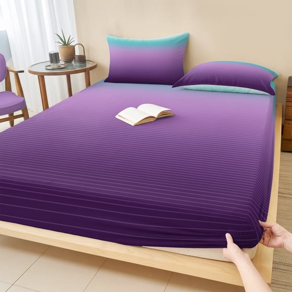 Queen Size Fitted Sheet Set - Teal Purple Ombre 3 Piece Bedding Sets 16" Deep Pocket Fitted Sheet with 2 Pillowcases, Modern Geometric Striped Abstract Art Brushed Microfiber Hotel Luxury Bed Sheets