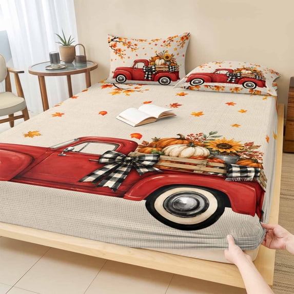 Queen Size Fitted Sheet Set - Thanksgiving Truck 3 Piece Bedding Sets 16" Deep Pocket Fitted Sheet with 2 Pillowcases, Fall Maple Leaves Pumpkins Floral Rustic Brushed Microfiber Hotel Bed Sheets