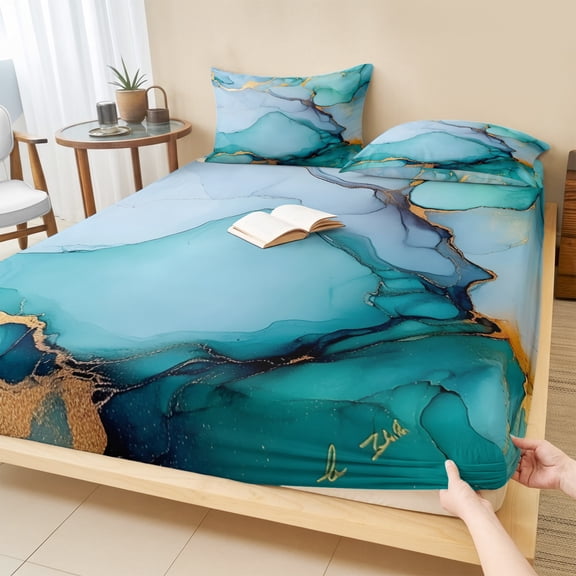 Queen Size Fitted Sheet Set - Turquoise Marble 3 Piece Bedding Sets 16" Deep Pocket Fitted Sheet with 2 Pillowcases, Abstract Green Modern Luxury Cracks Brushed Microfiber Hotel Luxury Bed Sheets