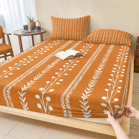 Queen Size Fitted Sheet Set - Vintage Bohemia 3 Piece Bedding Sets 16" Deep Pocket Fitted Sheet with 2 Pillowcases, Fall Rustic Minimalist Stripes Art Orange Brushed Microfiber Hotel Bed Sheets