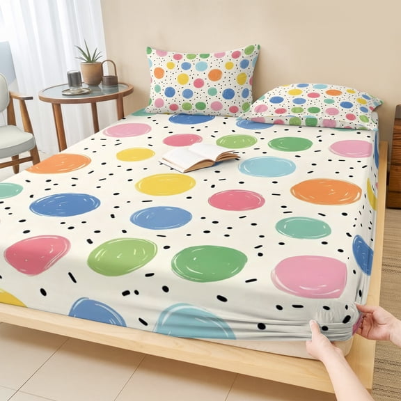 Queen Size Fitted Sheet Set - Watercolor Dots 3 Piece Bedding Sets 16" Deep Pocket Fitted Sheet with 2 Pillowcases, Colorful Polka Dot Abstract Sprinkles Brushed Microfiber Hotel Luxury Bed Sheets