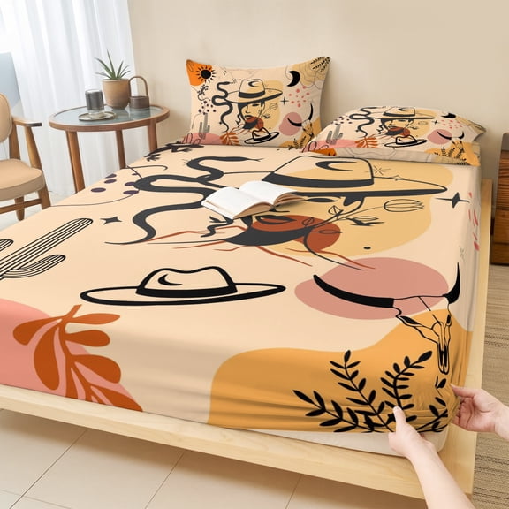 Queen Size Fitted Sheet Set - Western Boho 3 Piece Bedding Sets 16" Deep Pocket Fitted Sheet with 2 Pillowcases, Vintage Cowboys Abstract Cactus Plant Beige Brushed Microfiber Hotel Luxury Bed Sheets