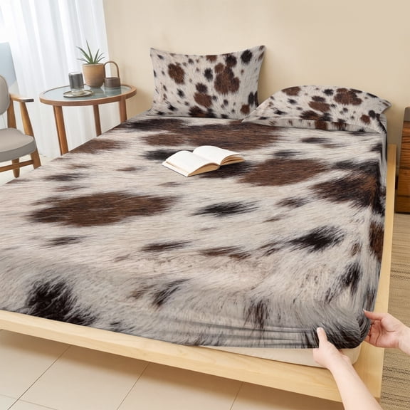 Queen Size Fitted Sheet Set - Western Cow Print 3 Piece Bedding Sets 16" Deep Pocket Fitted Sheet with 2 Pillowcases, Farmhouse Rustic Cowhide Fur Brown Brushed Microfiber Hotel Luxury Bed Sheets