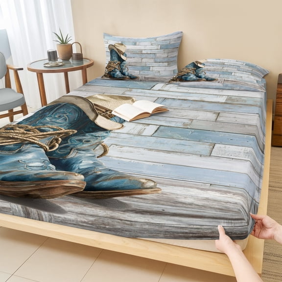 Queen Size Fitted Sheet Set - Western Cowboy Boots 3 Piece Bedding Sets 16" Deep Pocket Fitted Sheet with 2 Pillowcases, Vintage Country Blue Wooden Brushed Microfiber Hotel Luxury Bed Sheets