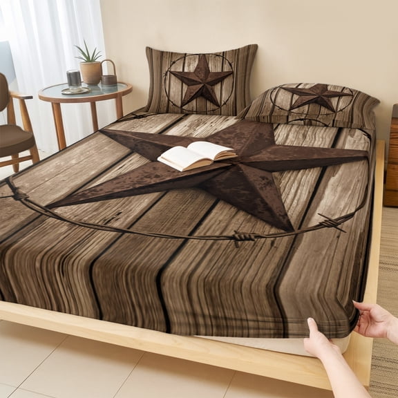 Queen Size Fitted Sheet Set - Western Star Retro 3 Piece Bedding Sets 16" Deep Pocket Fitted Sheet with 2 Pillowcases, Brown Vintage Wood Grain Brushed Microfiber Hotel Luxury Bed Sheets