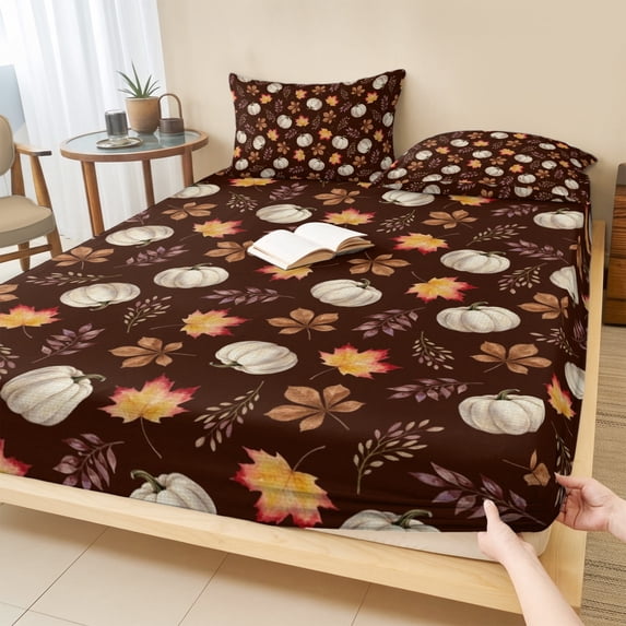 Queen Size Fitted Sheet Set - White Pumpkins Fall 3 Piece Bedding Sets 16" Deep Pocket Fitted Sheet with 2 Pillowcases, Thanksgiving Maple Leaves Brown Brushed Microfiber Hotel Luxury Bed Sheets