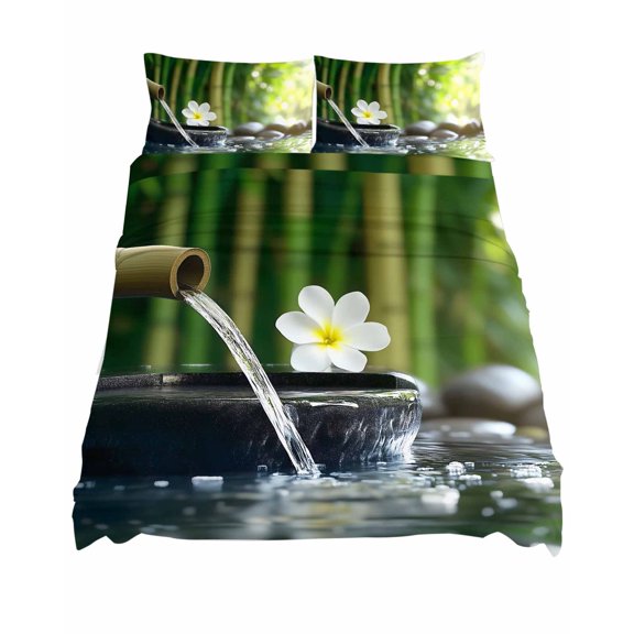 Queen Size Fitted Sheet Set,Zen Meditation Plumeria Flower Deep Pocket Bed Sheet Fits Mattress Up to 16",Soft Bottom Sheets with Pillowcases and Flat Sheet,Flowing Water Forest for Bedroom Decor