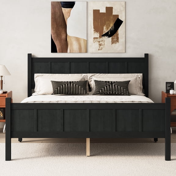 Queen Size Flat Panel Bed with Headboard Footboard, Minimalist Modern Platform Bed with Wood Grain Finish, Shaker and Farmhouse Style Design, Sleek and Functional Bedroom Furniture, Black