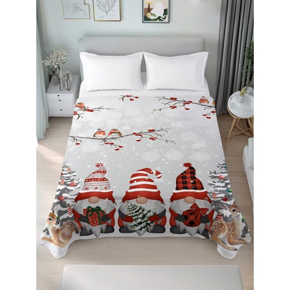 Queen Size Flat Sheet Only,Gnome Reindeer Xmas Ball Bird Soft Breathable Flat Sheets Hotel Top Bedding Sheets Winter Berry Pine Tree on Gray