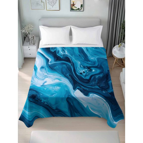 Queen Size Flat Sheet Only,Abstract Blue Ocean Flowing Soft Top Bed Sheets Breathable Bedding Sheet Sea Waves Art Microfiber Hotel Luxury Top Sheets