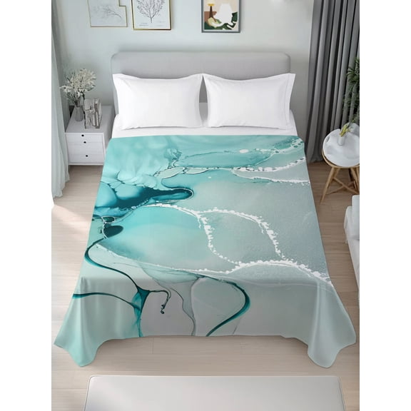 Queen Size Flat Sheet Only,Abstract Flowing Marble Texture Soft Top Bed Sheets Breathable Bedding Sheet Turquoise Fluid Art Microfiber Hotel Luxury Top Sheets