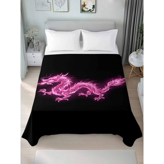 Queen Size Flat Sheet Only,Abstract Pink Flames Dragons on Black Soft Breathable Top Bedding Sheets Modern Art Microfiber Hotel Flat Sheets