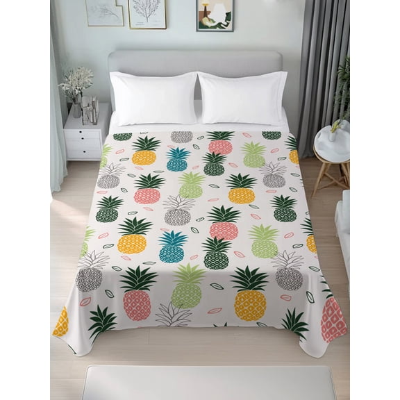 Queen Size Flat Sheet Only,Abstract Summer Pineapple Soft Top Bed Sheets Breathable Bedding Sheet Pink Blue Farm Fruit Microfiber Hotel Luxury Top Sheets