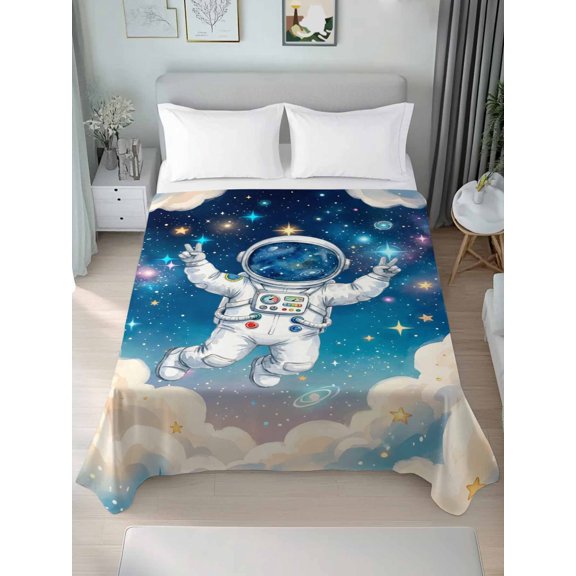 Queen Size Flat Sheet Only,Astronauts Galaxy Dream Sky Soft Top Bed Sheets Breathable Bedding Sheet Stars Moon Planet Microfiber Hotel Luxury Flat Sheets