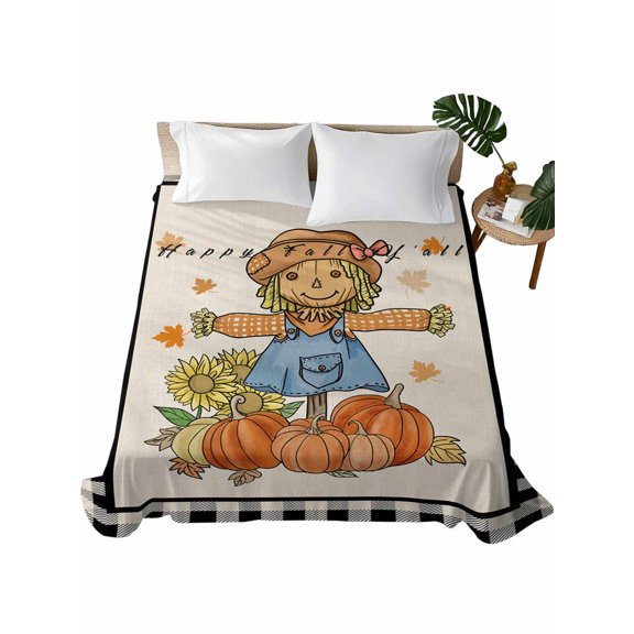 Queen Size Flat Sheet Only, Autumn Pumpkin Scarecrow, Soft Brushed Microfiber Bed Sheets, Fall Thanksgiving Sunflower Plaid Hotel Quality Breathable Bedding Top Sheet, Easy Care, 81"x96"