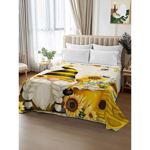Queen Size Flat Sheet Only,Bee Dwarf Watercolor Sunflower Soft Top Bed Sheets Breathable Bedding Sheet Retro Letter Country Floral Microfiber Hotel Luxury Top Sheets