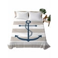 thumbnail image 1 of Full Size Flat Sheet Only, Beige White Striped Soft Brushed Microfiber Bed Sheets, Navy Blue Beach Nautical Anchor Ocean Coastal Hotel Quality Breathable Bedding Top Sheet, Easy Care, 81"x96", 1 of 9