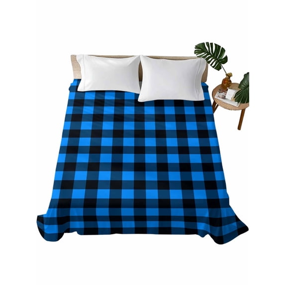 Full Size Flat Sheet Only, Black Blue Plaid Soft Brushed Microfiber Bed Sheets, Country Buffalo Checked Gingham Hotel Quality Breathable Bedding Top Sheet, Easy Care, 81"x96"