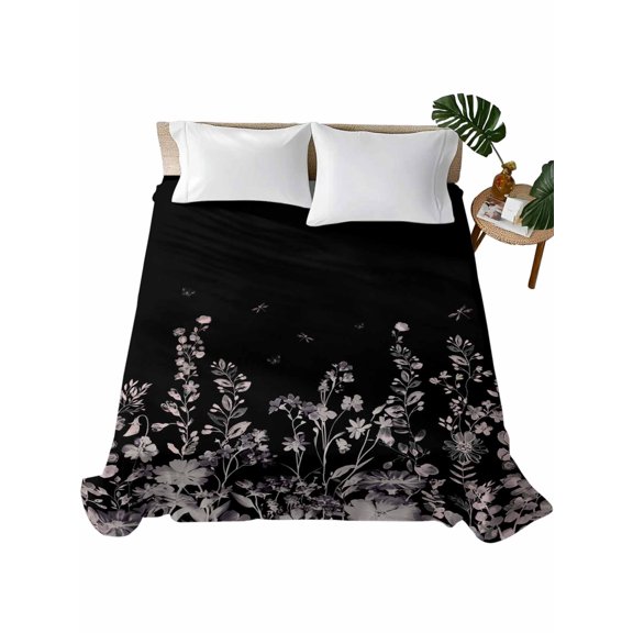 Queen Size Flat Sheet Only, Black Botanical Soft Brushed Microfiber Bed Sheets, Dragonfly Flower Leaf Retro Style Hotel Quality Breathable Bedding Top Sheet, Easy Care, 81"x96"
