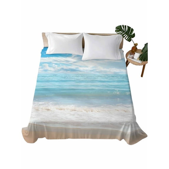 Full Size Flat Sheet Only, Blue Ocean Soft Brushed Microfiber Bed Sheets, Coastal Sea Beach Shore Sky Waves Scenery Hotel Quality Breathable Bedding Top Sheet, Easy Care, 81"x96"
