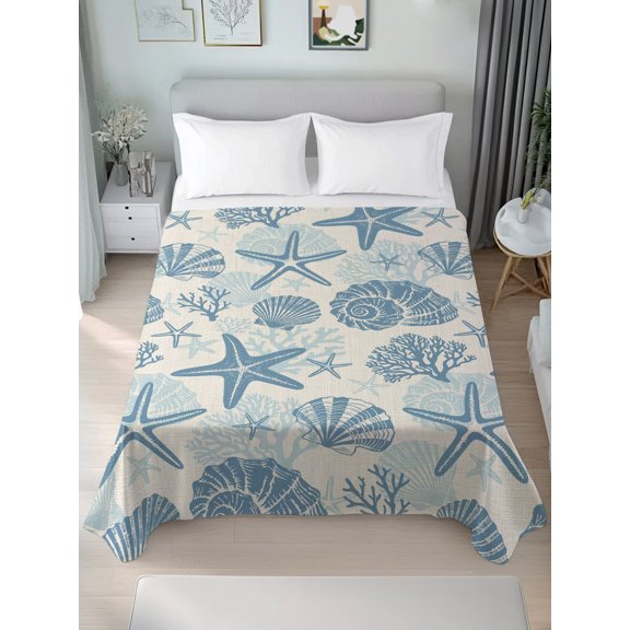 Queen Size Flat Sheet Only,Blue Starfish Shell Conch Coral Soft Top Bed Sheets Breathable Bedding Sheet Vintage Ocean Creature Theme Microfiber Hotel Luxury Top Sheets