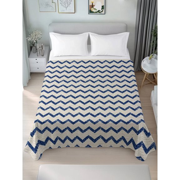 Queen Size Flat Sheet Only,Blue Zigzag Line Soft Top Bed Sheets Breathable Bedding Sheet Repeating Wave on Retro Linen Microfiber Hotel Luxury Top Sheets