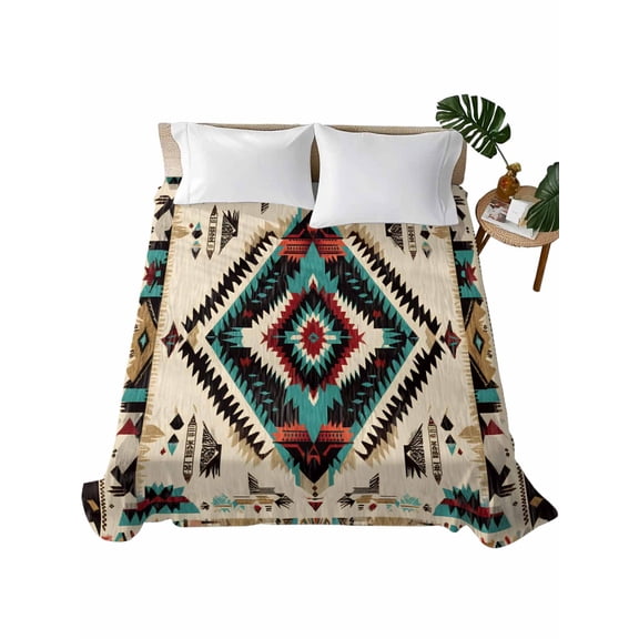 Queen Size Flat Sheet Only, Boho Red Teal Brown Soft Brushed Microfiber Bed Sheets, Southwestern Country Geometric Hotel Quality Breathable Bedding Top Sheet, Easy Care, 81"x96"