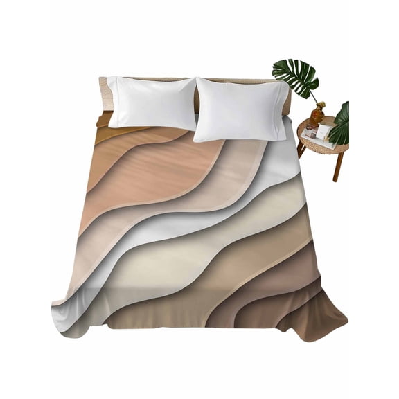 Queen Size Flat Sheet Only, Brown Ombre Soft Brushed Microfiber Bed Sheets, Modern Geometric Abstract Aesthetic Cream Hotel Quality Breathable Bedding Top Sheet, Easy Care, 81"x96"