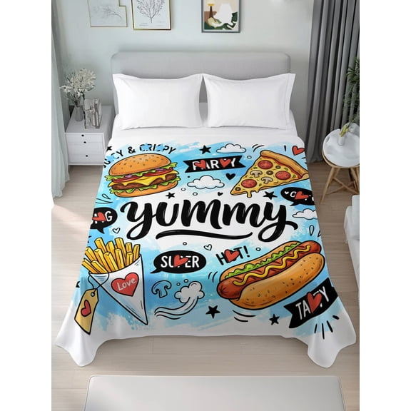 Queen Size Flat Sheet Only,Cartoon Food Abstract Graffiti Soft Top Bed Sheets Breathable Bedding Sheet with Clouds Microfiber Hotel Top Sheets