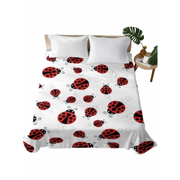 Full Size Flat Sheet Only, Cartoon Ladybug Soft Brushed Microfiber Bed Sheets, Funny Animals Dot Modern Simple Hotel Quality Breathable Bedding Top Sheet, Easy Care, 81"x96"