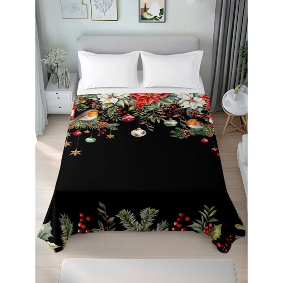 Queen Size Flat Sheet Only,Christmas Ball Bird Poinsettia Soft Breathable Flat Sheets Hotel Top Bedding Sheets Winter Berry Pine Cone on Black