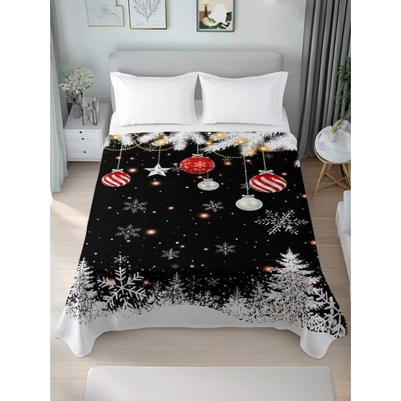 Queen Size Flat Sheet Only,Christmas Balls Silver Fir Leaves Soft Breathable Top Bedding Sheets Pine Tree on Black Microfiber Hotel Luxury Flat Sheets