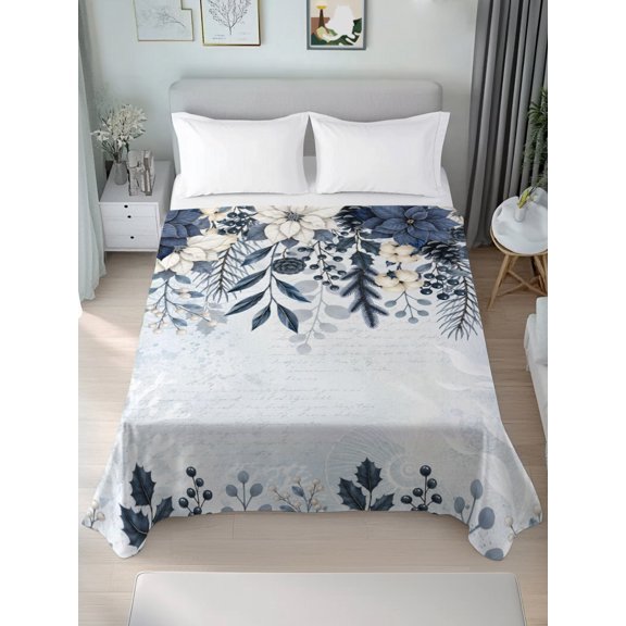 Queen Size Flat Sheet Only,Christmas Floral Leaves Pine Cone Soft Breathable Flat Sheets Hotel Top Bedding Sheets Light Blue