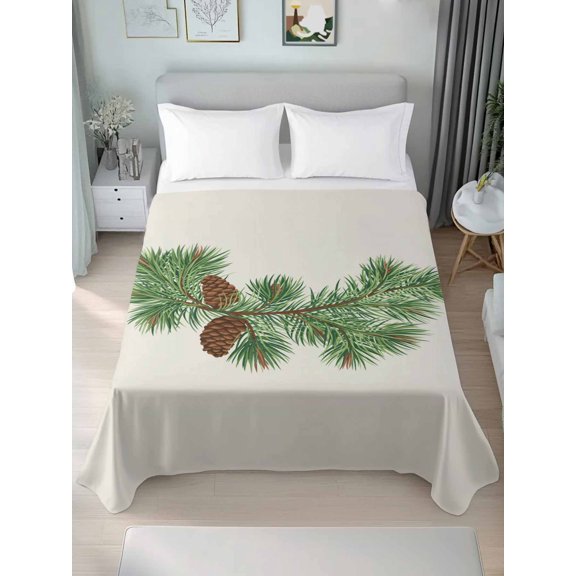 Queen Size Flat Sheet Only,Christmas Green Leaves Pine Cone Soft Breathable Flat Sheets Hotel Top Bedding Sheets Winter Botantical